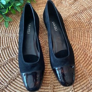 New VANELI Black Suede & Tortoise Croc Leather Low Block Heels